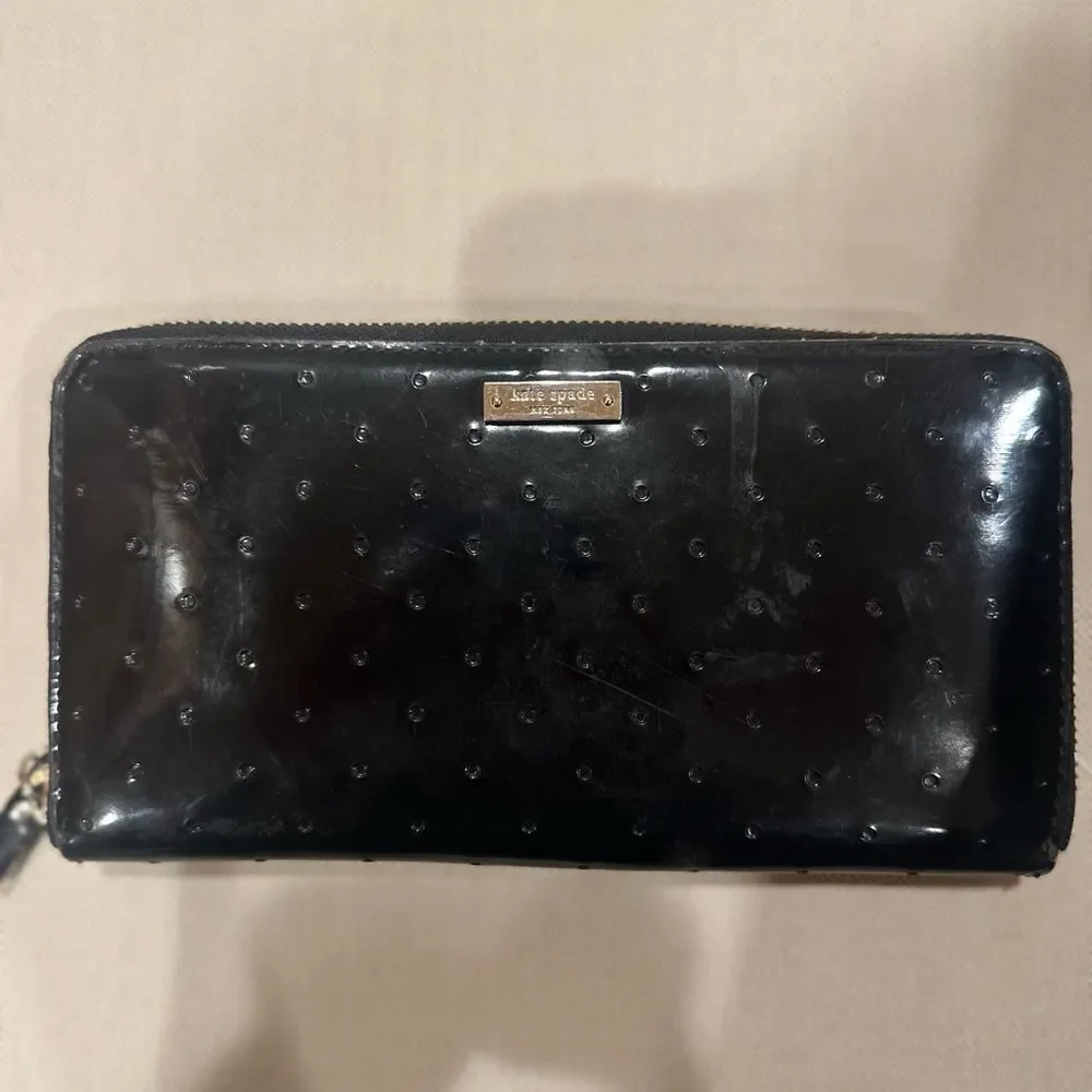 Kate Spade Patent Black Dotted Continental Wallet